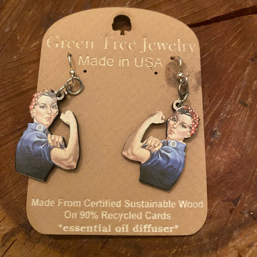Wooden earrings- Rosie Rivetter- you can do it